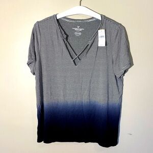 Blue and gray Ombré Striped Cross Front V Neck Tee, large, American Eagle
